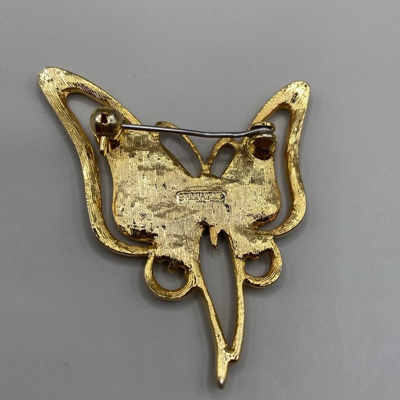 Gold and Green Butterfly Brooch with Crystal Accents - Picture 3 of 3